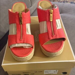 Michael Kors Coral Canvas Espadrille Wedge Sandals with Gold Zip